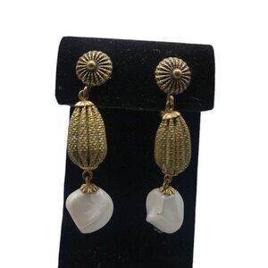 Crown Trifari 1940s Dangling Clip On Earrings Brass & White Lucite Vintage